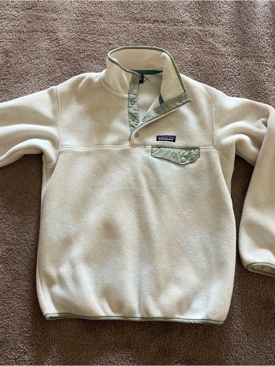 Patagonia Sweaters - Patagonia Cream Cowl-Neck Snap Fleece with Sage Trim